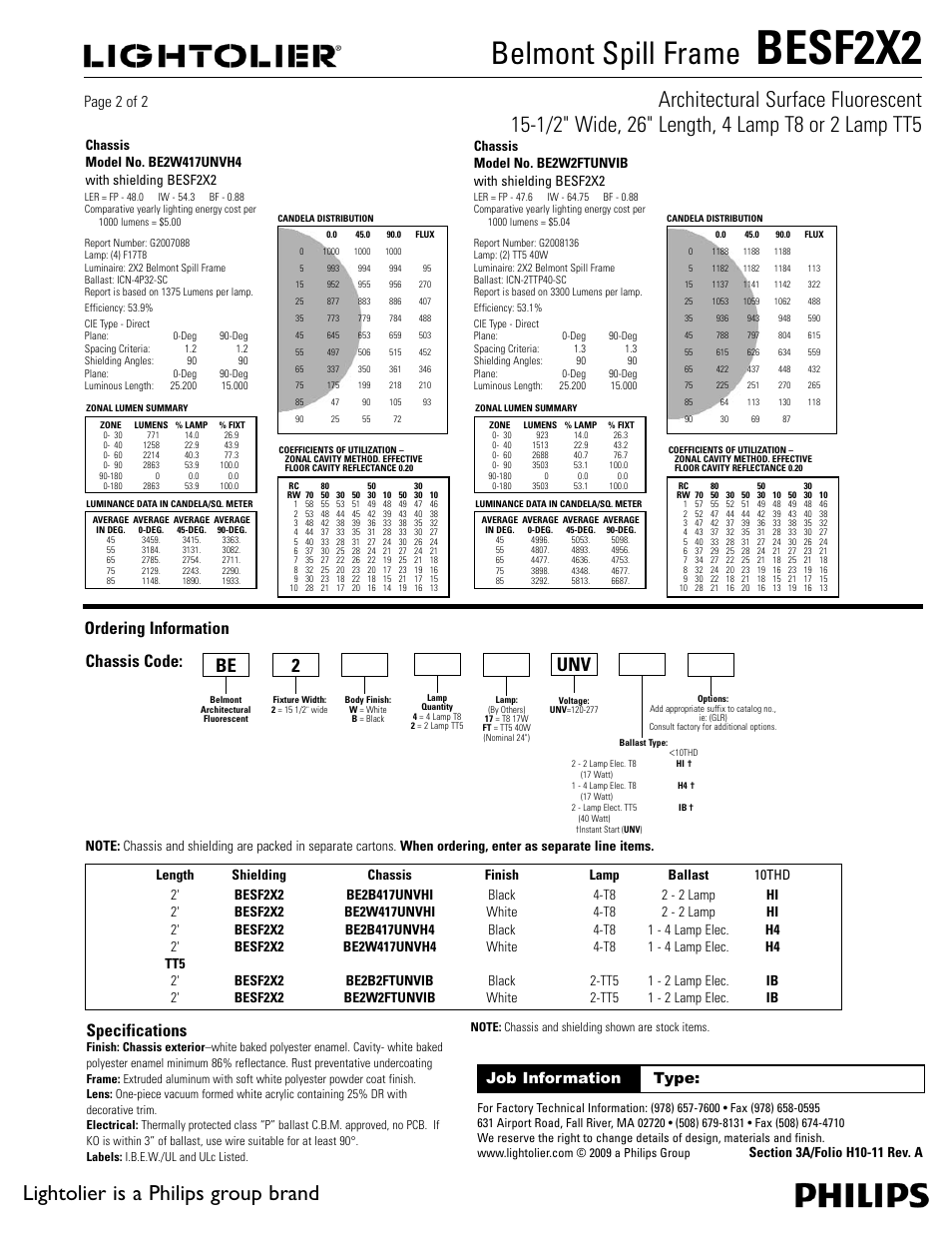 Besf2x2, Belmont spill frame, Lightolier is a philips group brand | Specifications, Ordering information, Chassis code, Page 2 of 2, Job information type | Philips Belmont Spill Frame BESF2X2 User Manual | Page 2 / 2