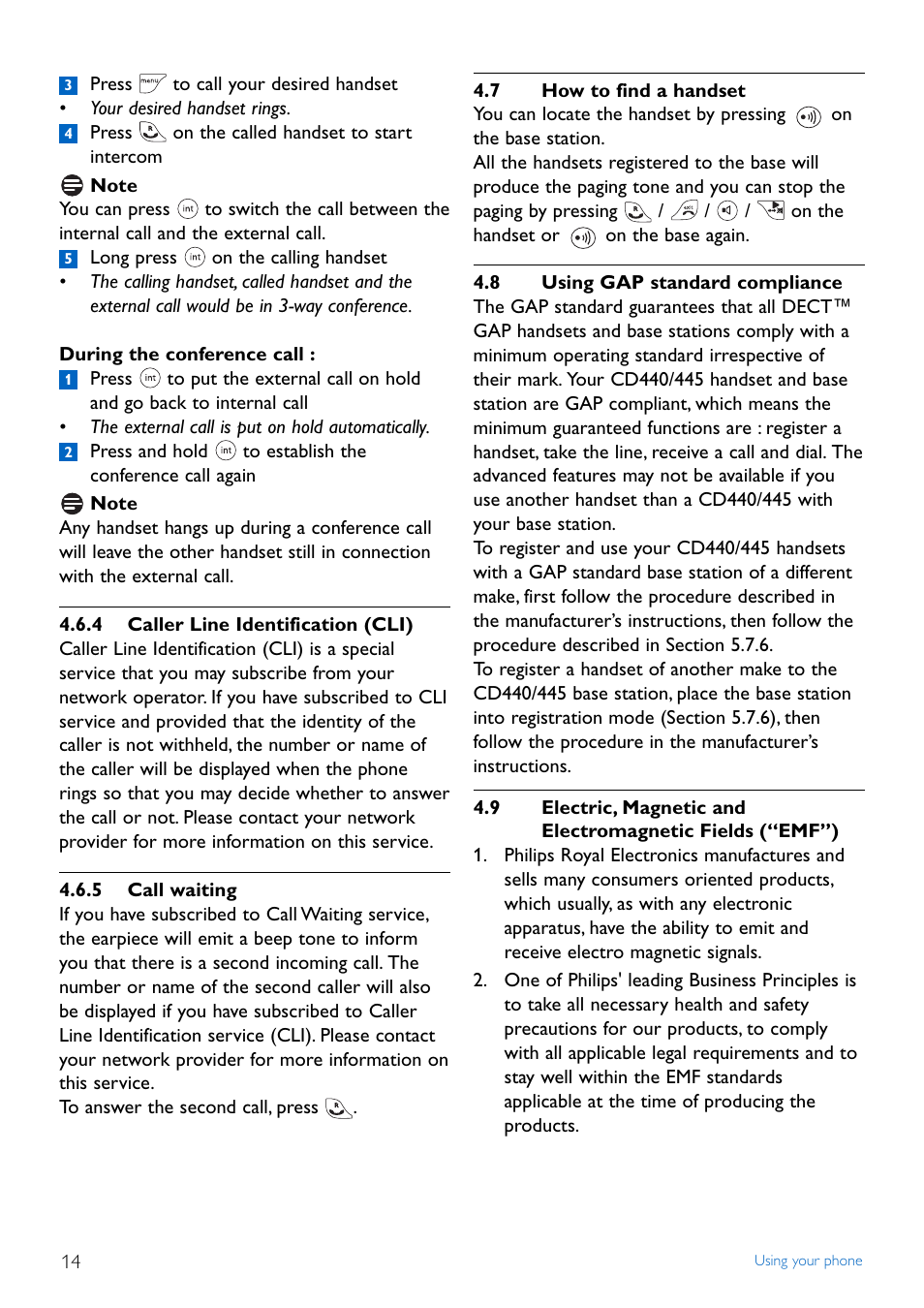 4 caller line identifica, 5 call waiting, 7 how to find a handset | 8 using gap standard compl, 9 electric, magnetic and e, 4 caller line identification (cli), How to find a handset, Using gap standard compliance | Philips CD445 User Manual | Page 16 / 43