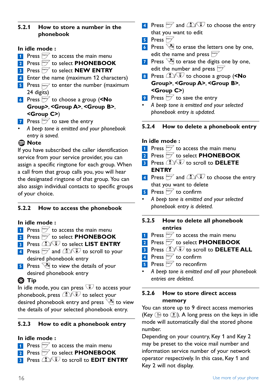 1 how to store a number, 2 how to access the phon, 3 how to edit a phoneboo | 4 how to delete a phoneb, 5 how to delete all phon, 6 how to store direct ac, 1 how to store a number in the, Phonebook, 2 how to access the phonebook, 3 how to edit a phonebook entry | Philips CD445 User Manual | Page 18 / 43