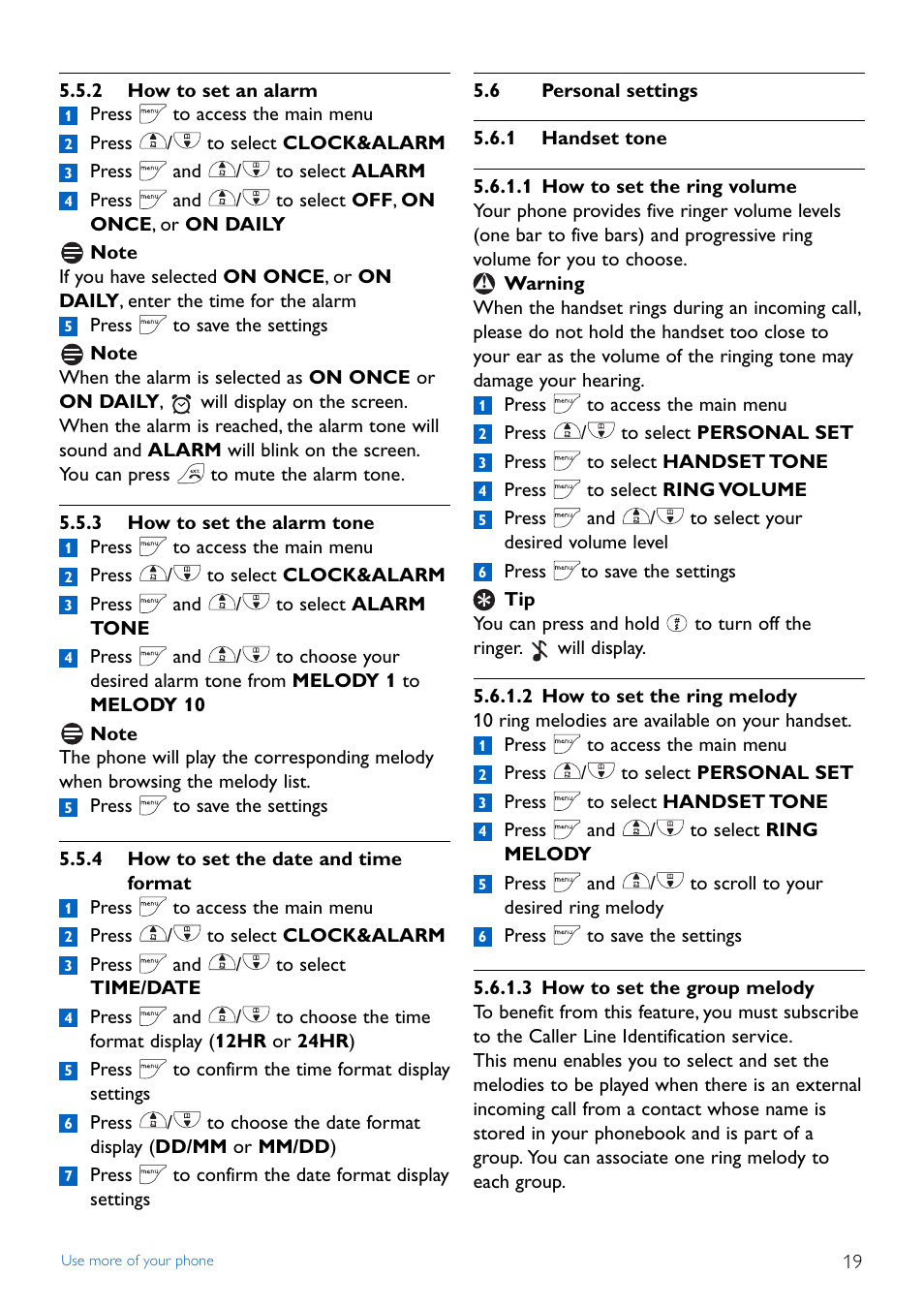 2 how to set an alarm, 3 how to set the alarm tone, 4 how to set the date an | 6 personal settings, 1 handset tone, 4 how to set the date and time format, Personal settings | Philips CD445 User Manual | Page 21 / 43