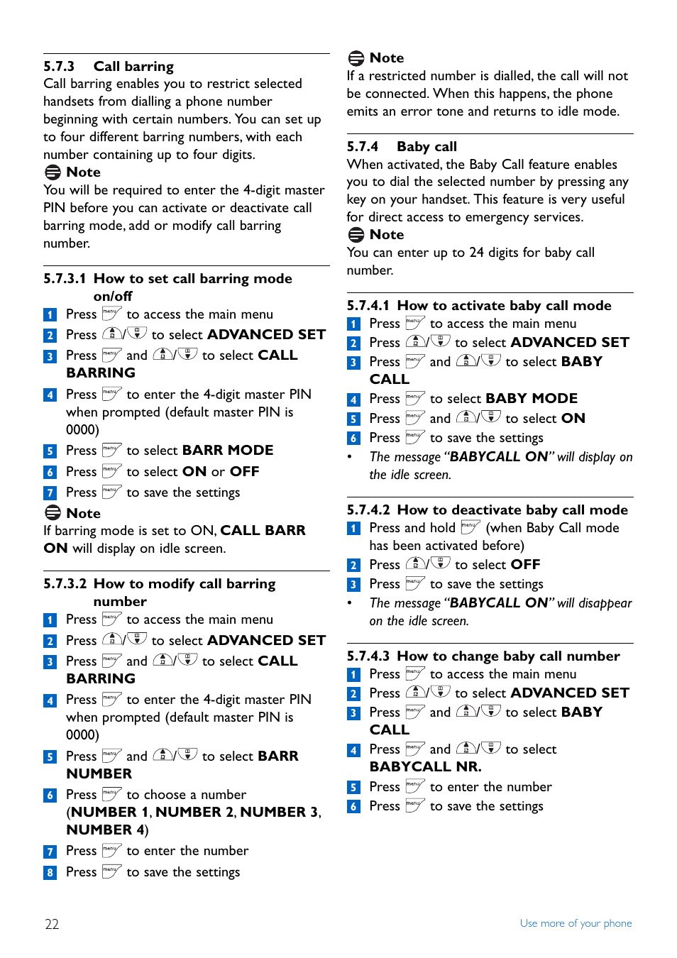 3 call barring, 4 baby call | Philips CD445 User Manual | Page 24 / 43