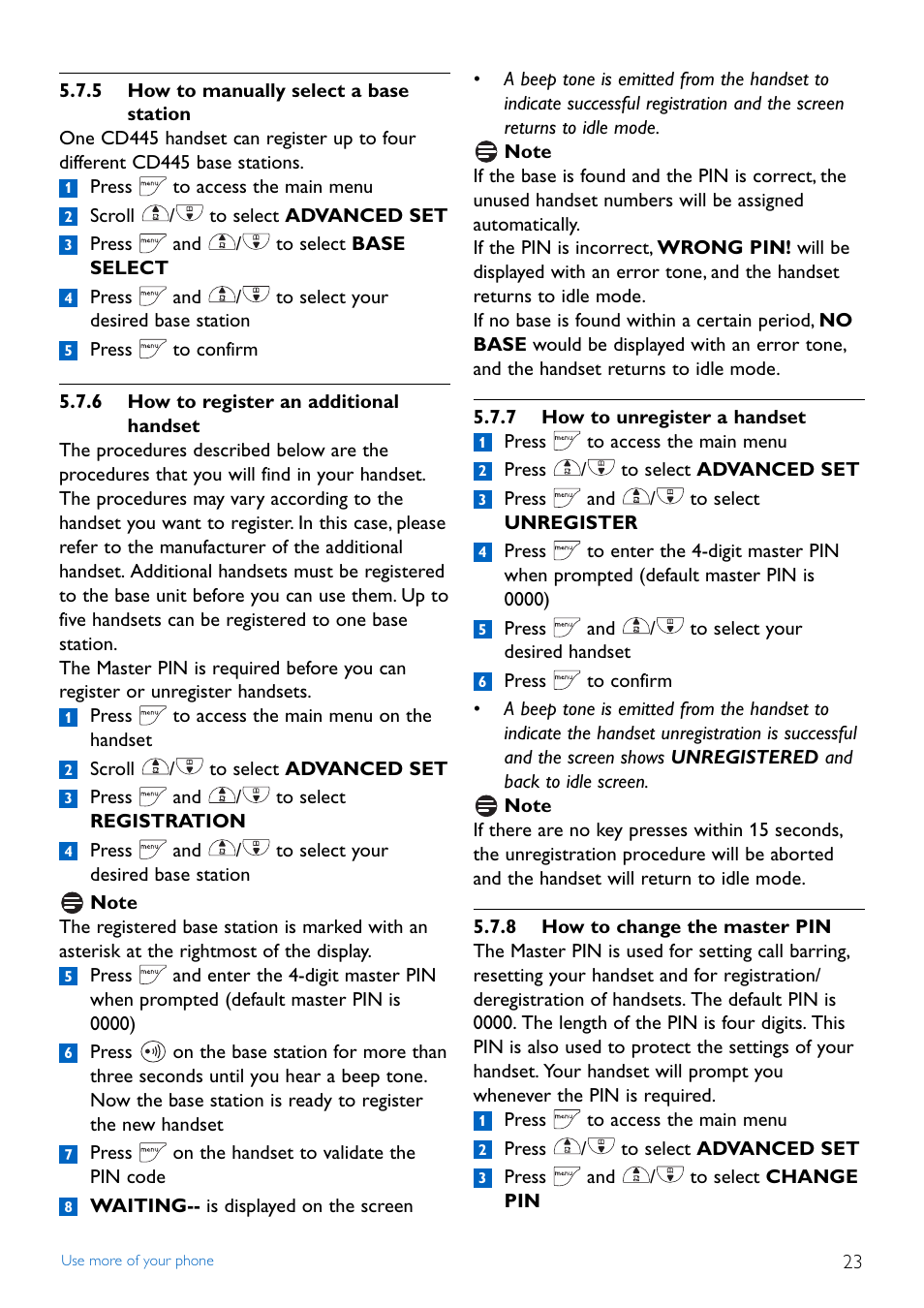 5 how to manually select, 6 how to register an add, 7 how to unregister a ha | 8 how to change the mast, 5 how to manually select a base station, 6 how to register an additional handset, 7 how to unregister a handset, 8 how to change the master pin | Philips CD445 User Manual | Page 25 / 43