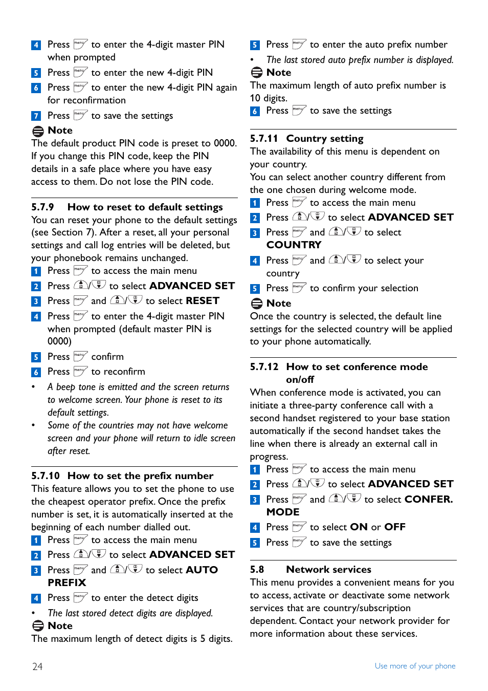 9 how to reset to defaul, 10 how to set the prefix, 11 country setting | 12 how to set conference, 8 network services, 9 how to reset to default settings, 10 how to set the prefix number, 12 how to set conference mode on/off, Network services | Philips CD445 User Manual | Page 26 / 43