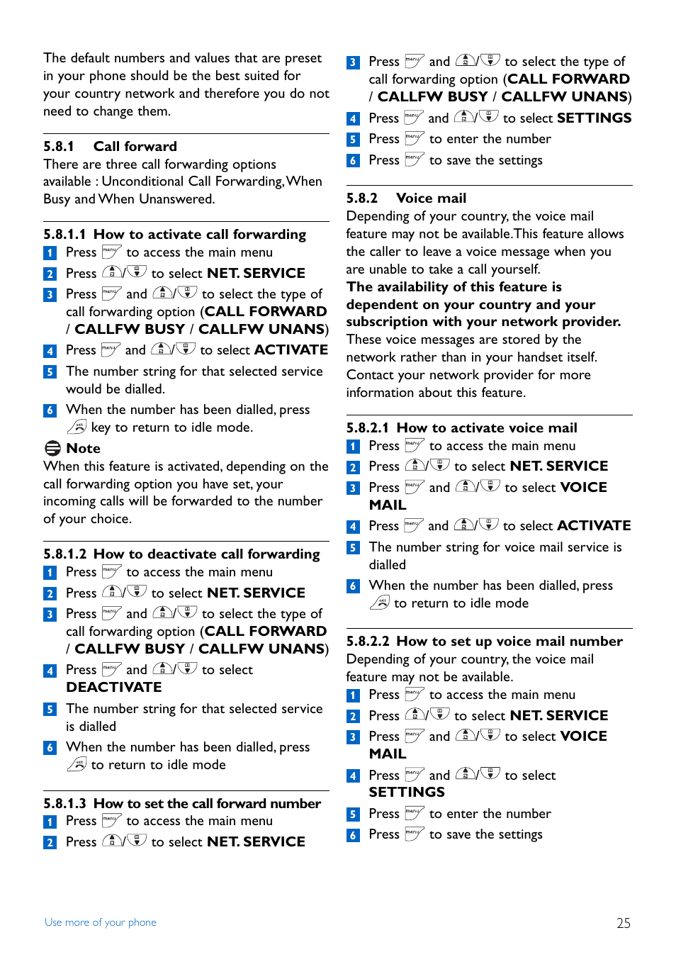 1 call forward, 2 voice mail | Philips CD445 User Manual | Page 27 / 43