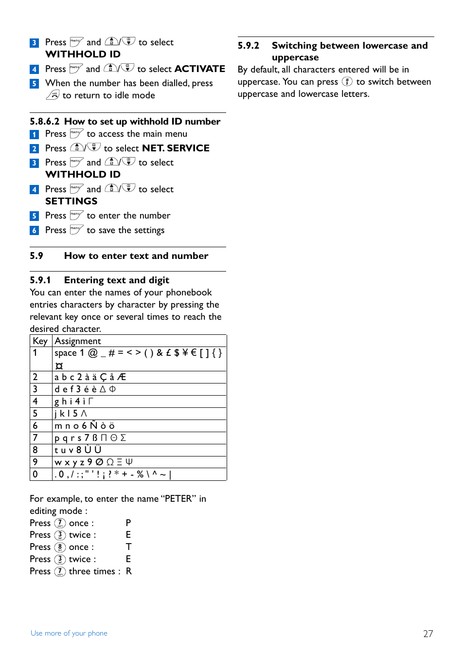 9 how to enter text and nu, 1 entering text and digit, 2 switching between lowe | How to enter text and number, 2 switching between lowercase and, Uppercase | Philips CD445 User Manual | Page 29 / 43