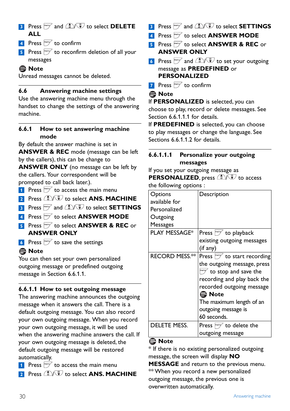 6 answering machine settings, 1 how to set answering m, Answering machine settings | 1 how to set answering machine mode | Philips CD445 User Manual | Page 32 / 43