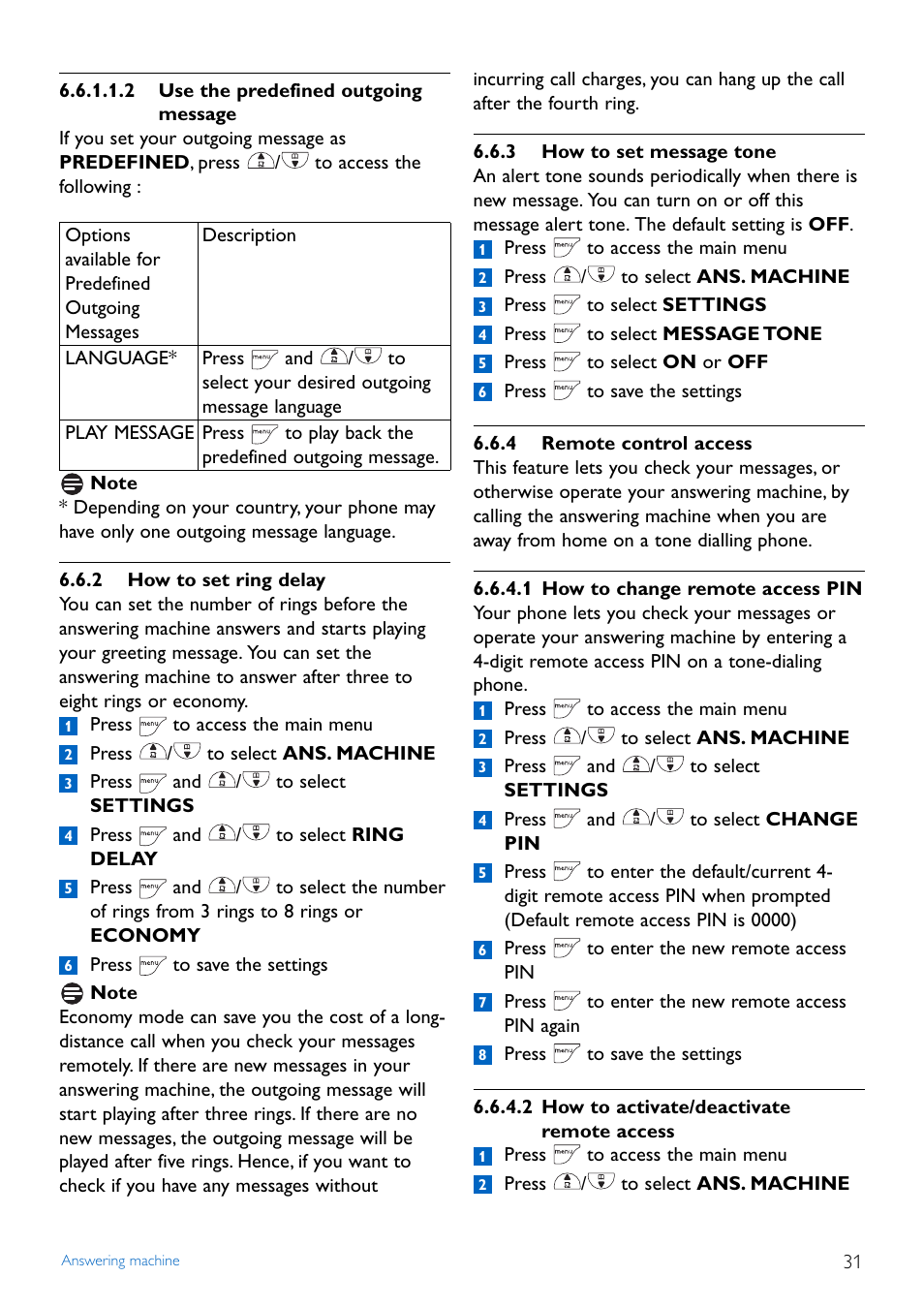 2 how to set ring delay, 3 how to set message tone, 4 remote control access | Philips CD445 User Manual | Page 33 / 43