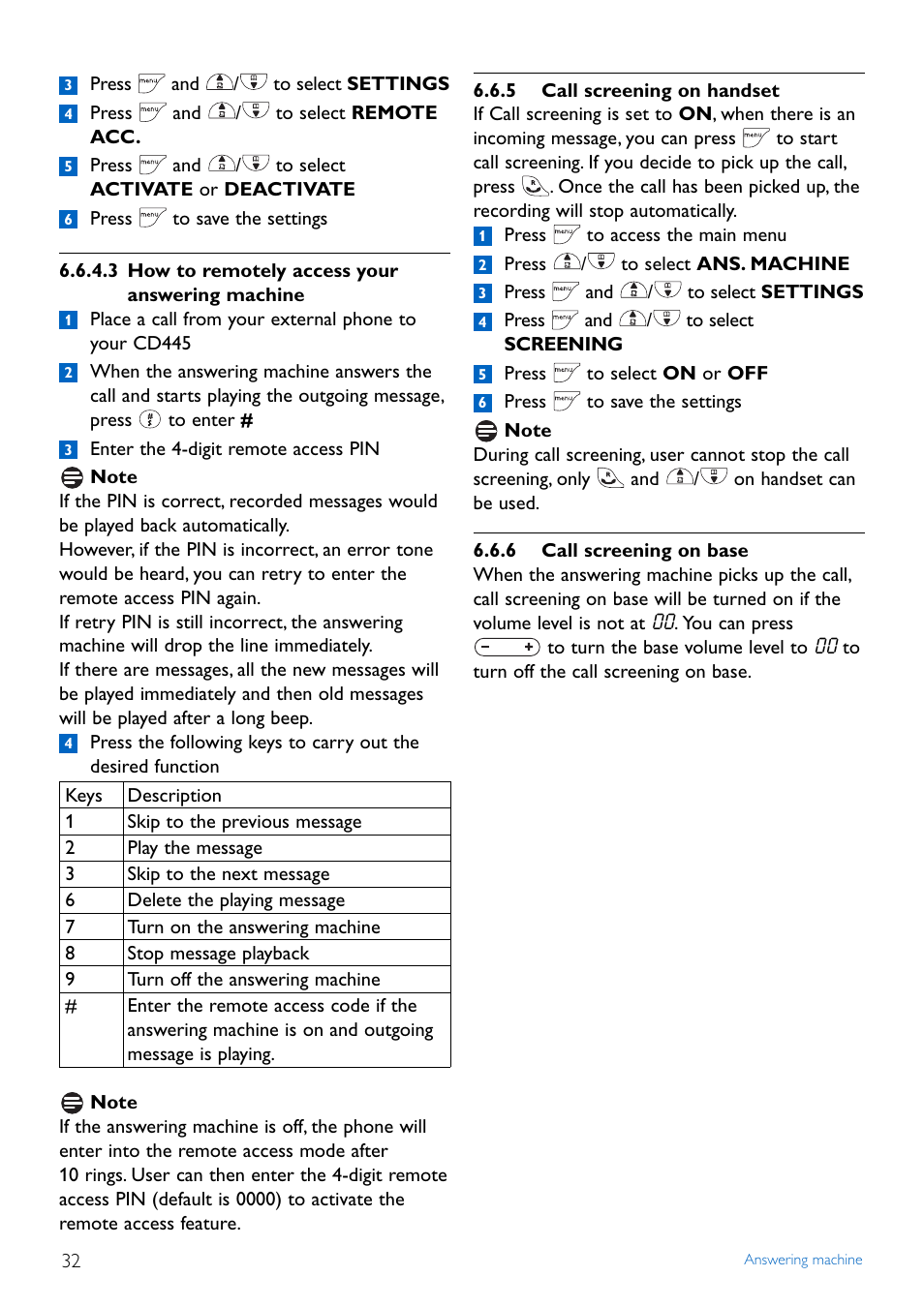 5 call screening on handset, 6 call screening on base | Philips CD445 User Manual | Page 34 / 43