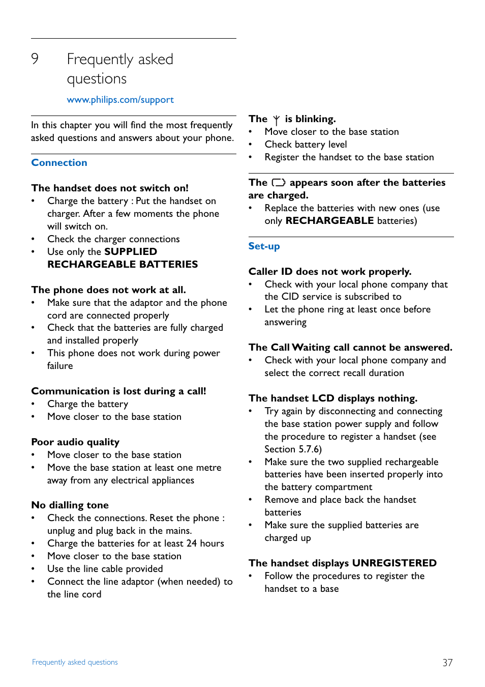 9 frequently asked questions, Frequently asked questions, 9frequently asked questions | Philips CD445 User Manual | Page 39 / 43