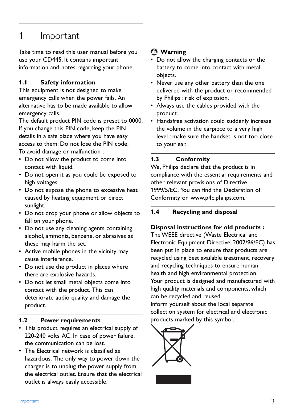 1 important, 1 safety information, 2 power requirements | 3 conformity, 4 recycling and disposal, Important, Safety information, Power requirements, Conformity, Recycling and disposal | Philips CD445 User Manual | Page 5 / 43
