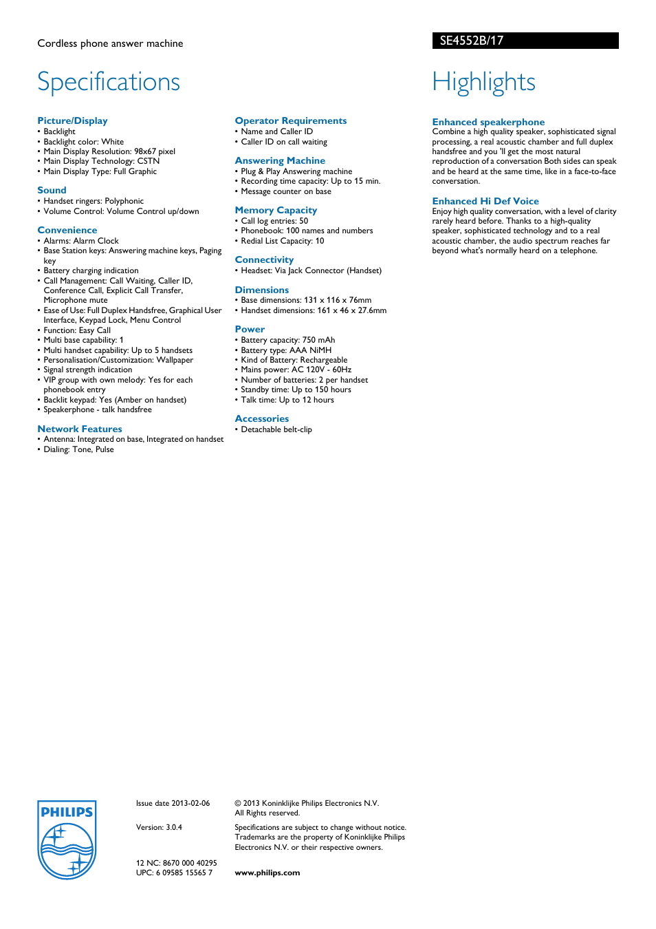 Specifications, Highlights | Philips SE4552B User Manual | Page 2 / 2