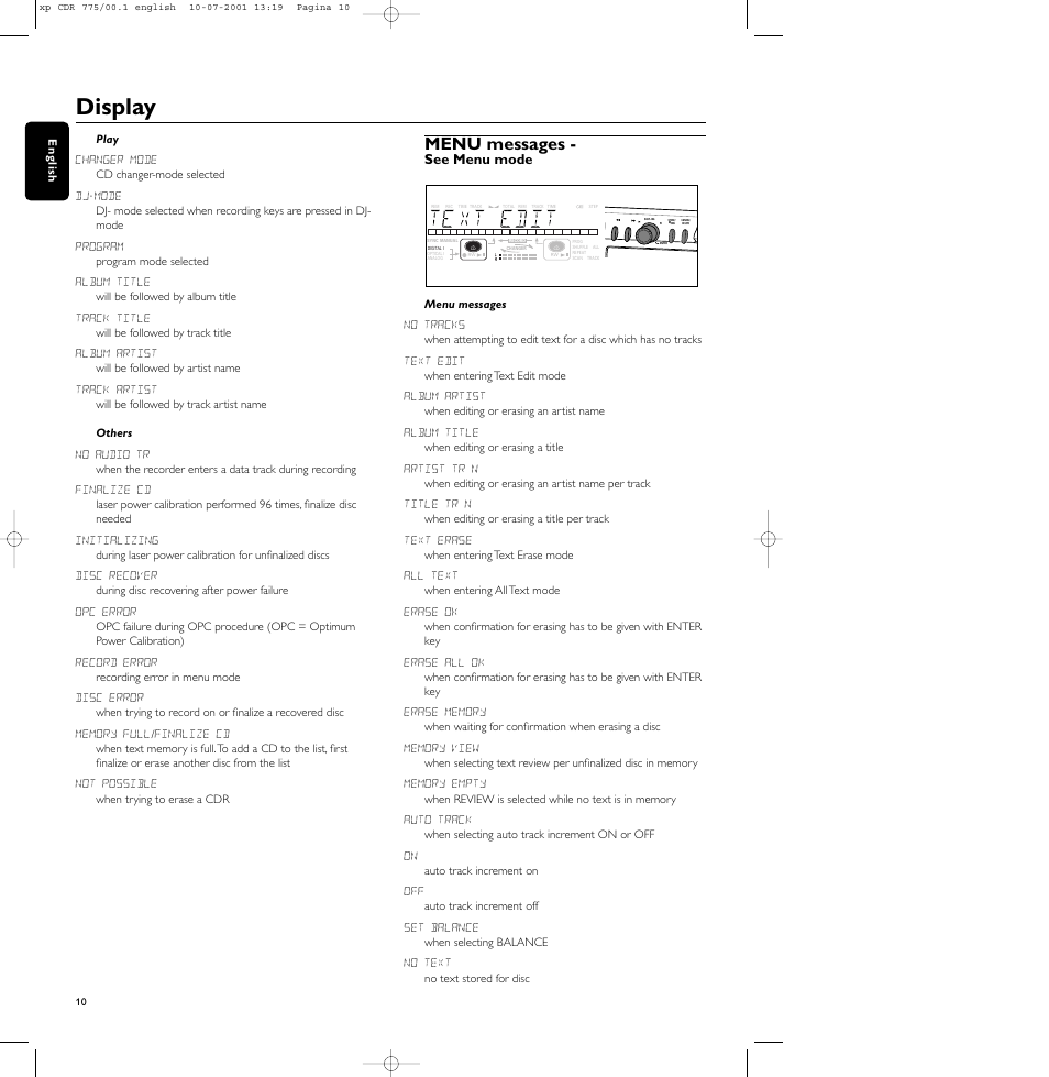 Display, Menu messages, See menu mode | Philips CDR-775 User Manual | Page 10 / 31