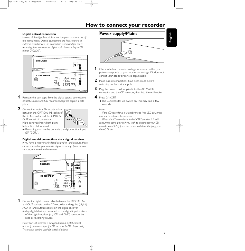 How to connect your recorder, Power supply/mains, Cdr cd cd cdr cdr cdr cdr cd | Philips CDR-775 User Manual | Page 13 / 31