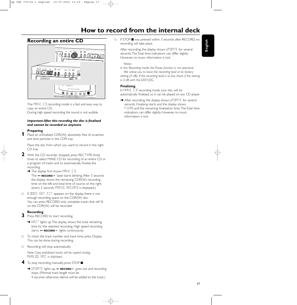 How to record from the internal deck, Recording an entire cd | Philips CDR-775 User Manual | Page 17 / 31