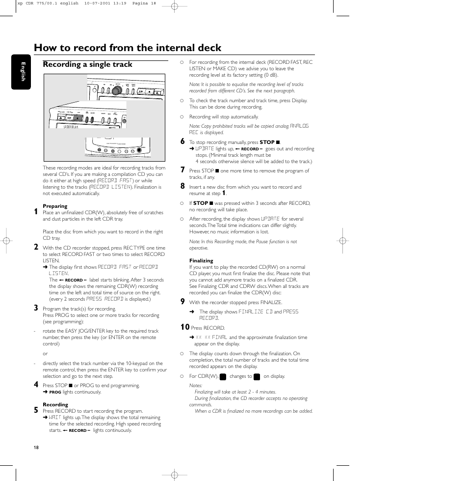 How to record from the internal deck, Recording a single track | Philips CDR-775 User Manual | Page 18 / 31