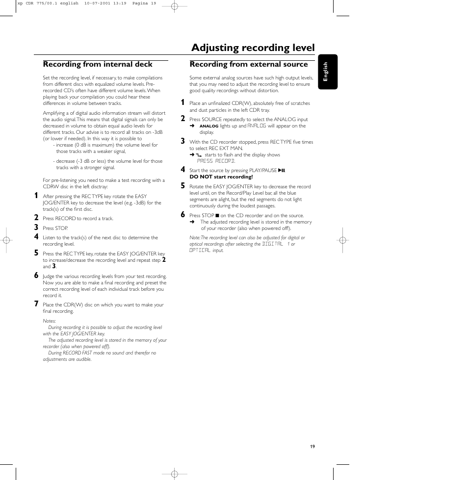 Adjusting recording level, Recording from internal deck, Recording from external source | Philips CDR-775 User Manual | Page 19 / 31