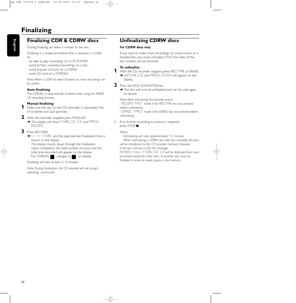 Finalizing, Finalizing cdr & cdrw discs, Unfinalizing cdrw discs | Philips CDR-775 User Manual | Page 22 / 31