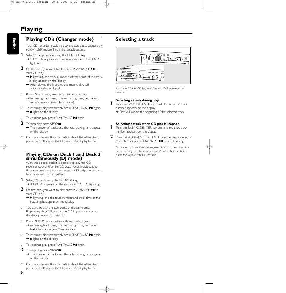 Playing, Playing cd’s (changer mode), Selecting a track | Philips CDR-775 User Manual | Page 24 / 31