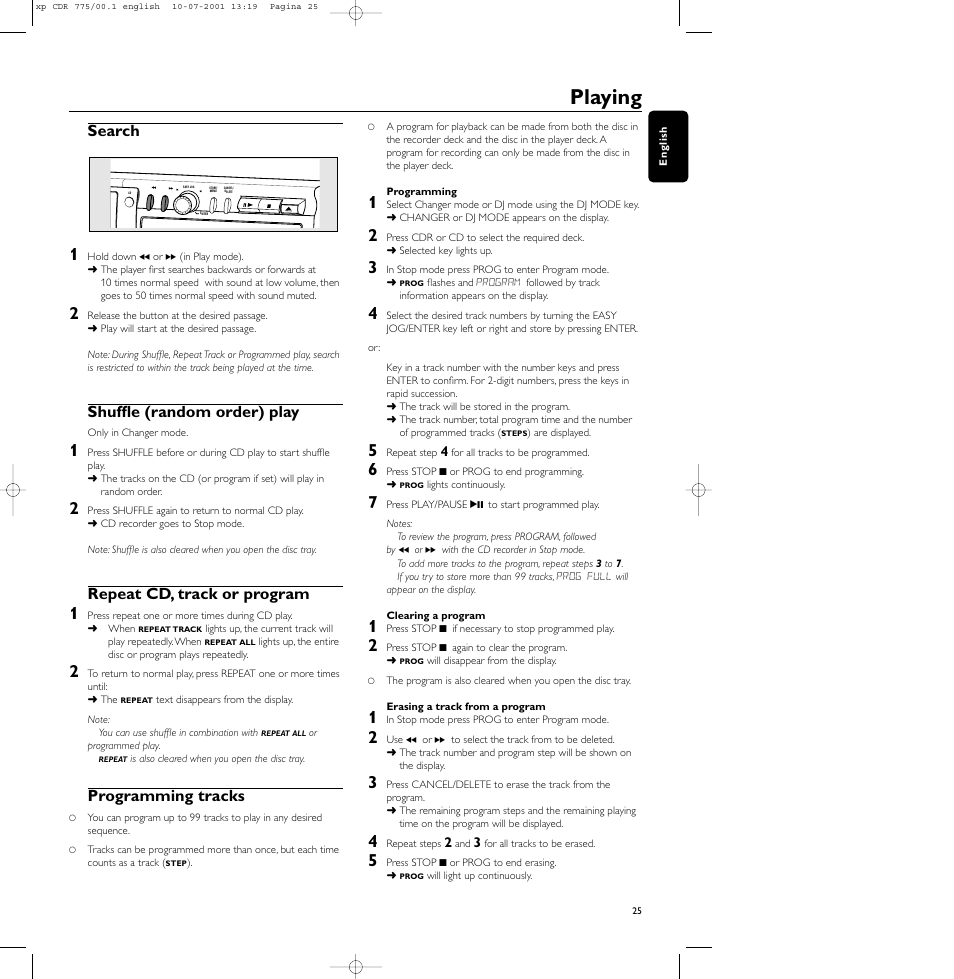 Playing, Search, Shuffle (random order) play | Repeat cd, track or program, Programming tracks | Philips CDR-775 User Manual | Page 25 / 31