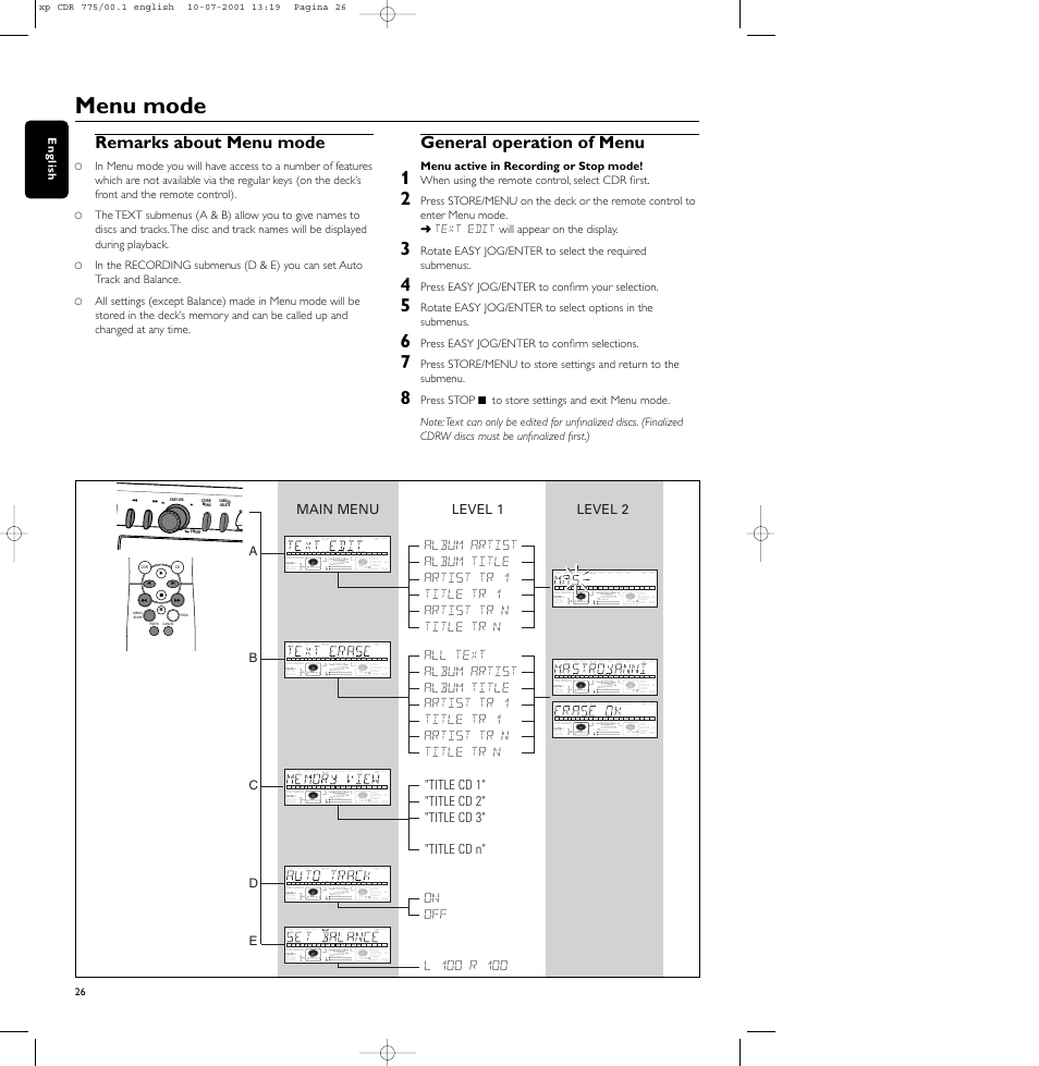 Menu mode, Remarks about menu mode, General operation of menu | Ab c d e, Menu active in recording or stop mode, When using the remote control, select cdr first, Press easy jog/enter to confirm your selection, Press easy jog/enter to confirm selections, English | Philips CDR-775 User Manual | Page 26 / 31