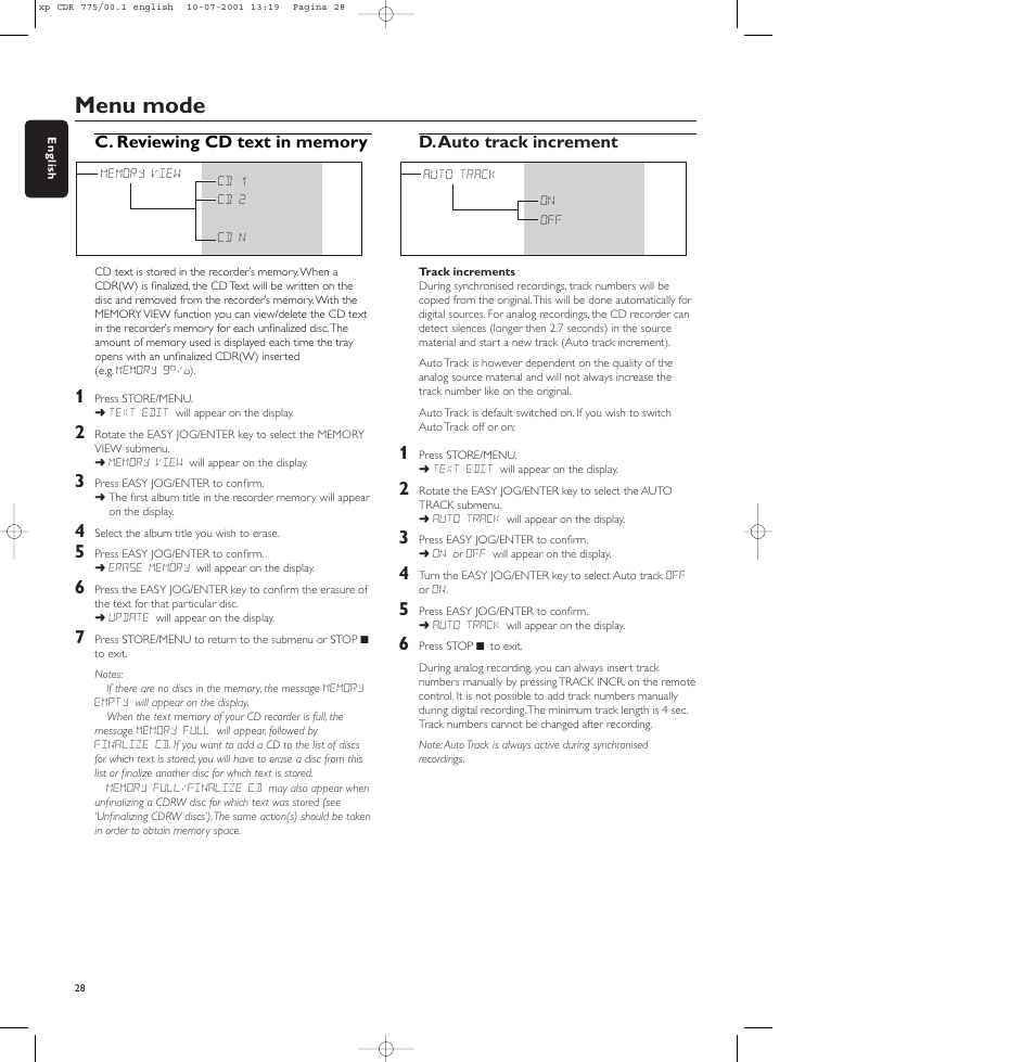 Menu mode, D.auto track increment | Philips CDR-775 User Manual | Page 28 / 31