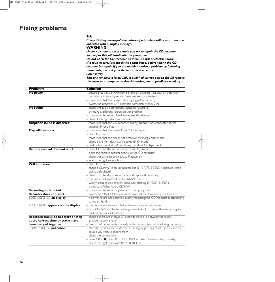 Fixing problems | Philips CDR-775 User Manual | Page 30 / 31