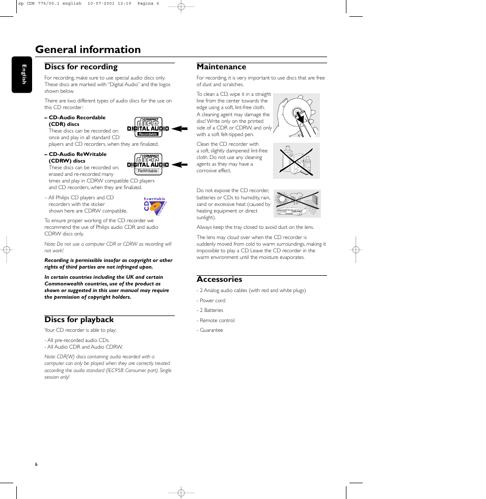 General information, Discs for recording, Discs for playback | Maintenance, Accessories | Philips CDR-775 User Manual | Page 6 / 31