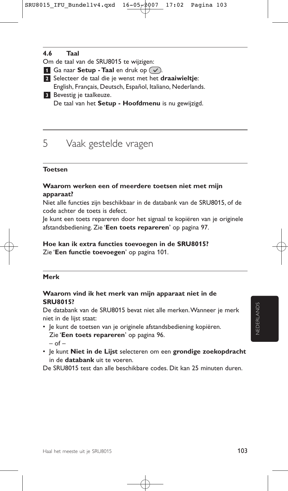 5vaak gestelde vragen | Philips SRU8015 User Manual | Page 103 / 112