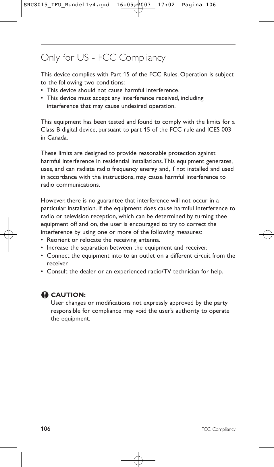 Only for us - fcc compliancy | Philips SRU8015 User Manual | Page 106 / 112
