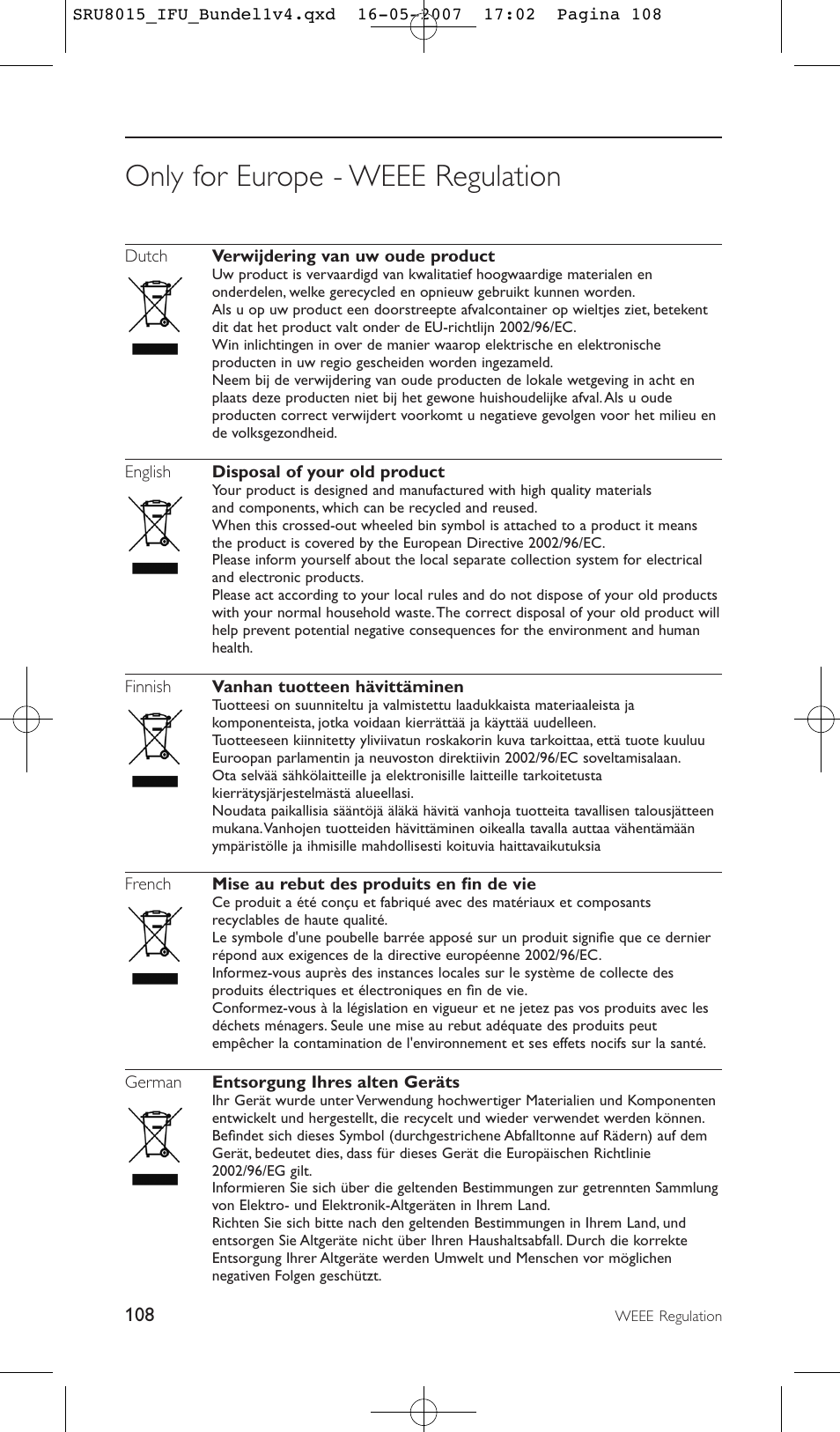Only for europe - weee regulation | Philips SRU8015 User Manual | Page 108 / 112