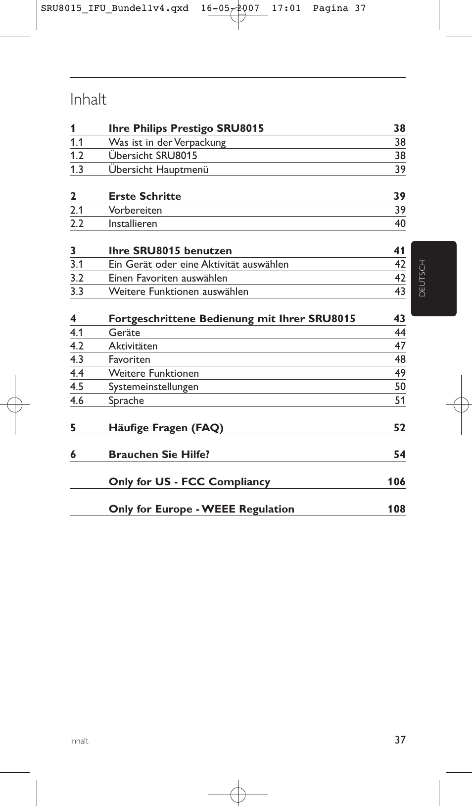 Inhalt | Philips SRU8015 User Manual | Page 37 / 112