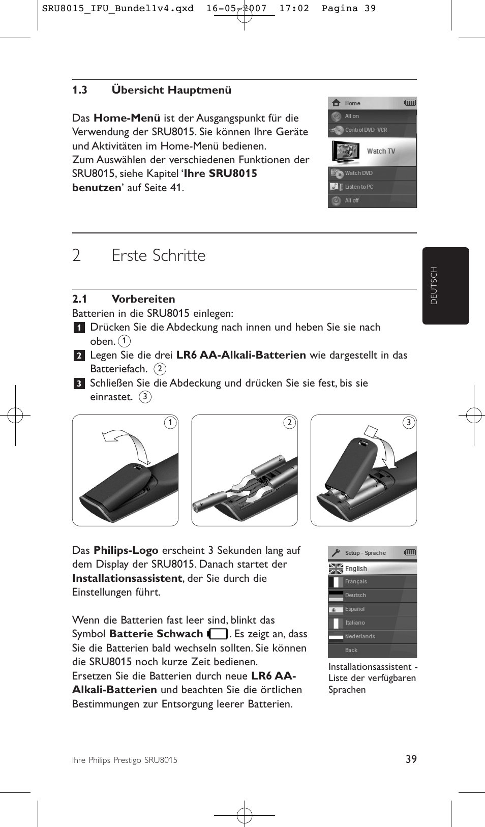 2erste schritte | Philips SRU8015 User Manual | Page 39 / 112