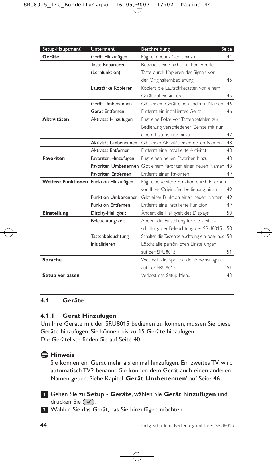 Wählen sie das gerät, das sie hinzufügen möchten | Philips SRU8015 User Manual | Page 44 / 112