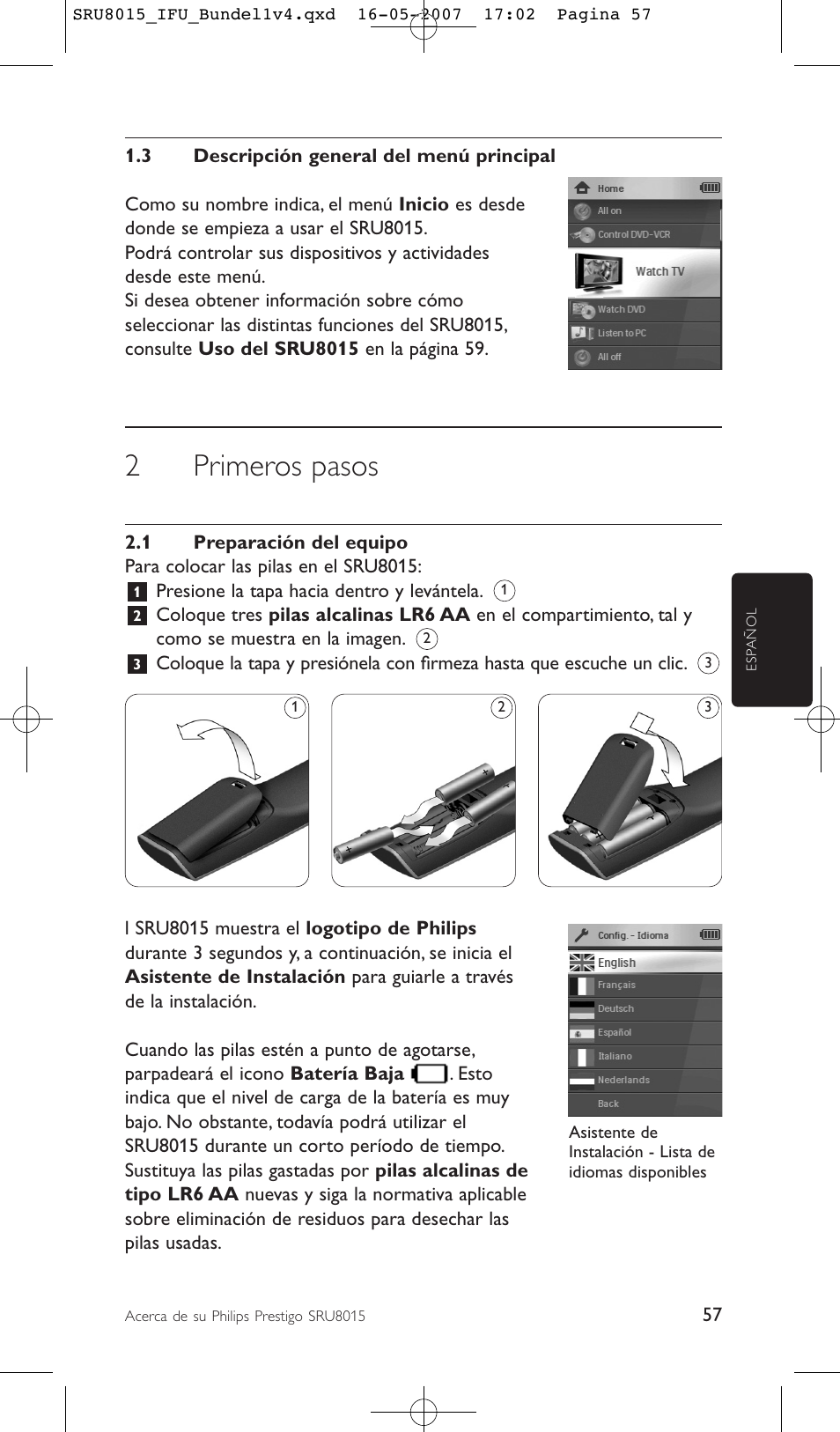 2primeros pasos | Philips SRU8015 User Manual | Page 57 / 112