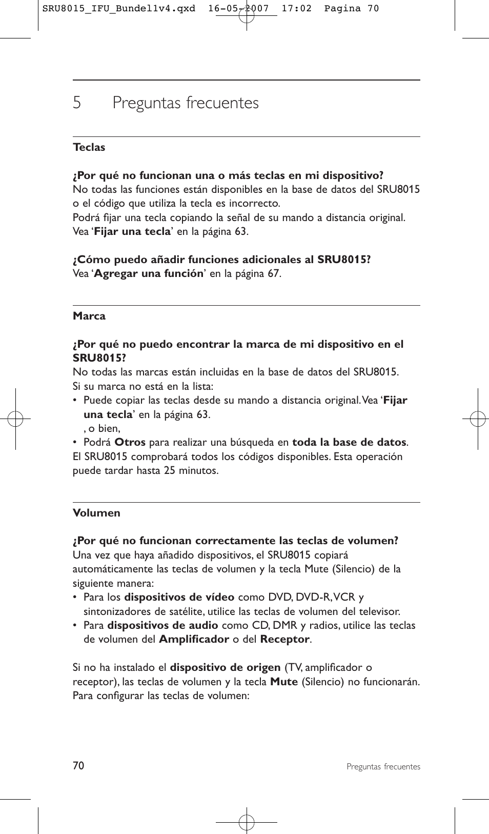 5preguntas frecuentes | Philips SRU8015 User Manual | Page 70 / 112