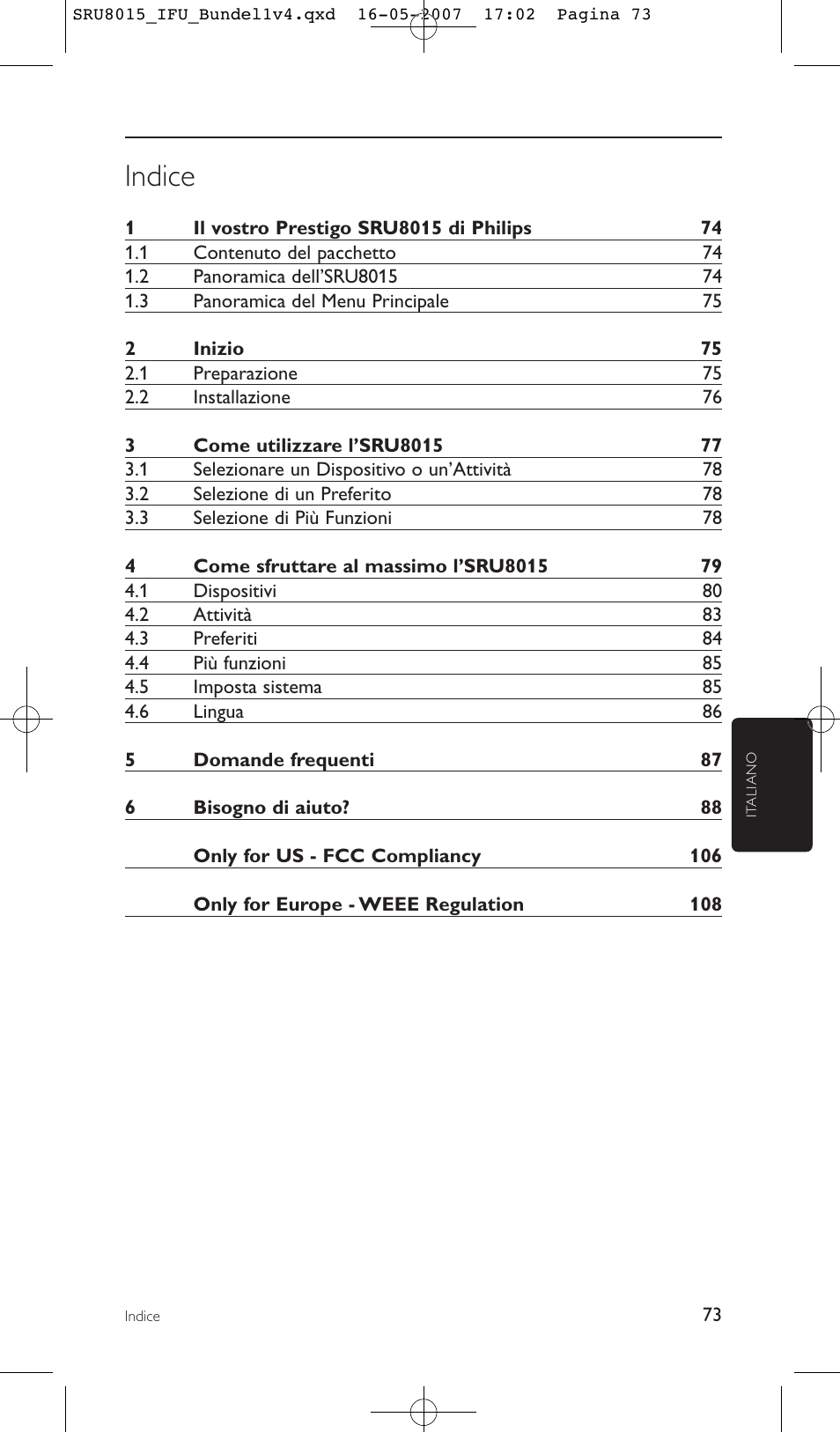 Indice | Philips SRU8015 User Manual | Page 73 / 112