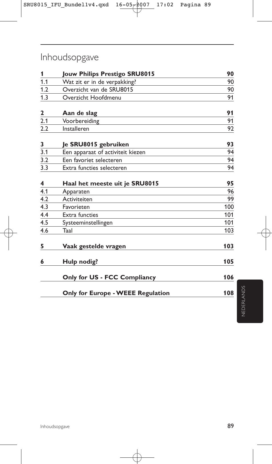 Inhoudsopgave | Philips SRU8015 User Manual | Page 89 / 112