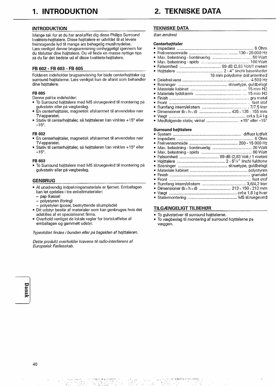 Introduktion, Tekniske data, Genbrug | Introduktion 2. tekniske data | Philips FB 605 User Manual | Page 4 / 8