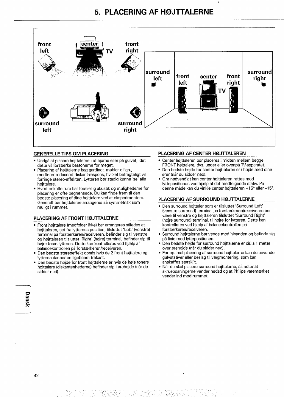 Placering af h0jttalerne, Surround left, Surround | Right, Front center front | Philips FB 605 User Manual | Page 6 / 8