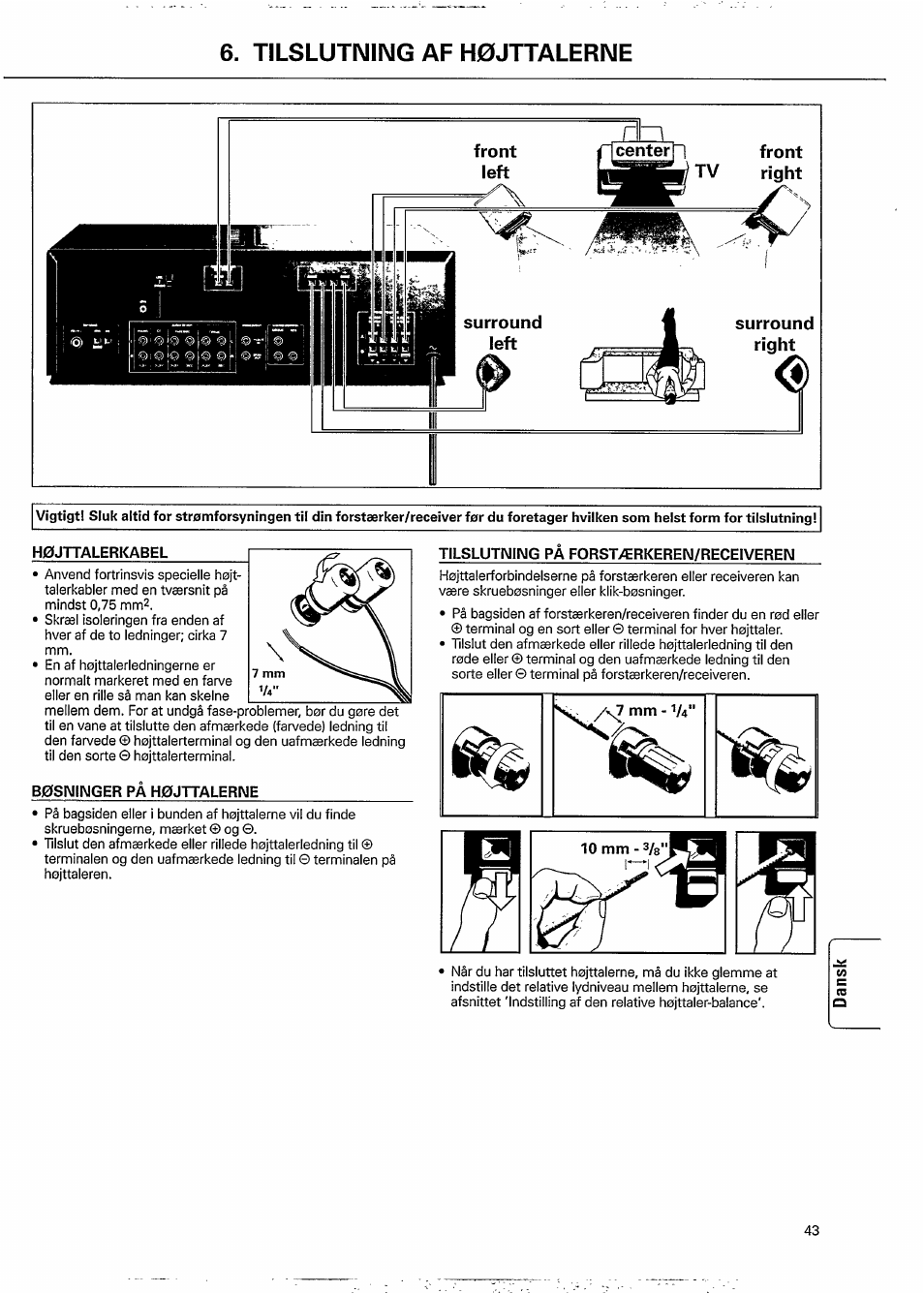 Tilslutning af h0jttalerime, Surround, Left | Philips FB 605 User Manual | Page 7 / 8