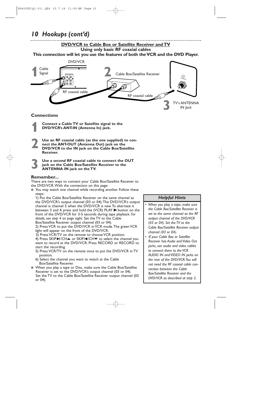 10 hookups (cont’d), Connections, Remember | Helpful hints | Philips DVD750VR/17 User Manual | Page 10 / 84