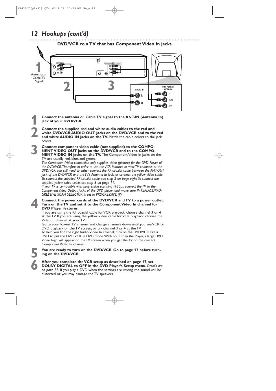 12 hookups (cont’d), Dvd/vcr to a tv that has component video in jacks | Philips DVD750VR/17 User Manual | Page 12 / 84