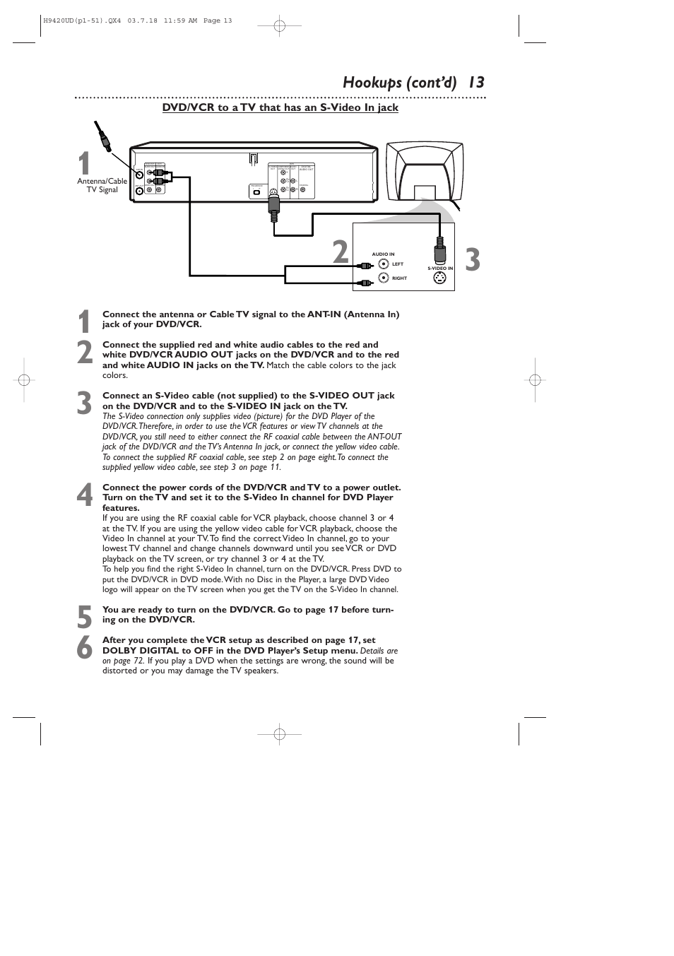 Hookups (cont’d) 13, Dvd/vcr to a tv that has an s-video in jack | Philips DVD750VR/17 User Manual | Page 13 / 84