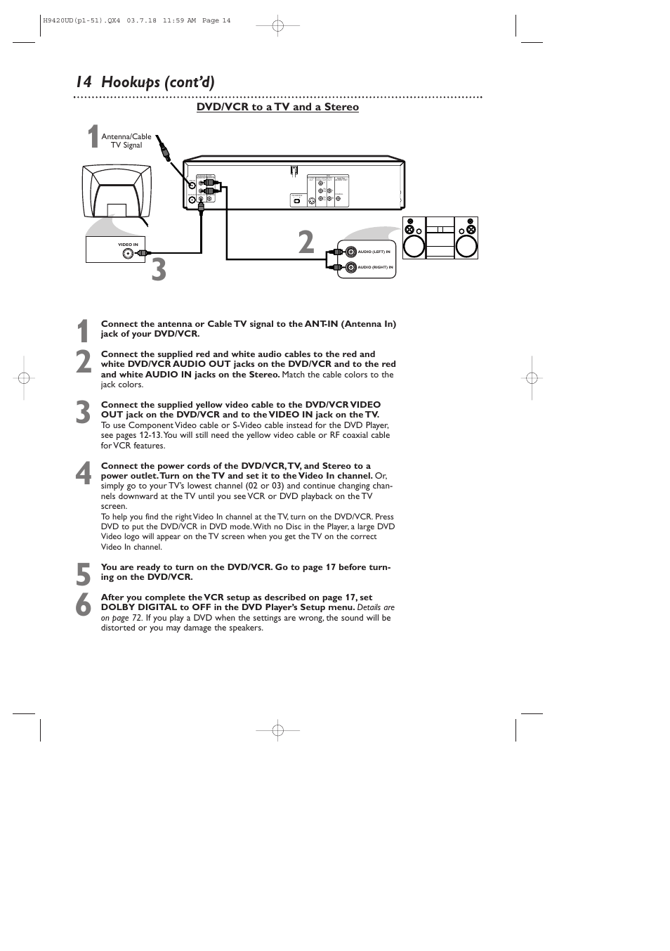 14 hookups (cont’d), Dvd/vcr to a tv and a stereo | Philips DVD750VR/17 User Manual | Page 14 / 84