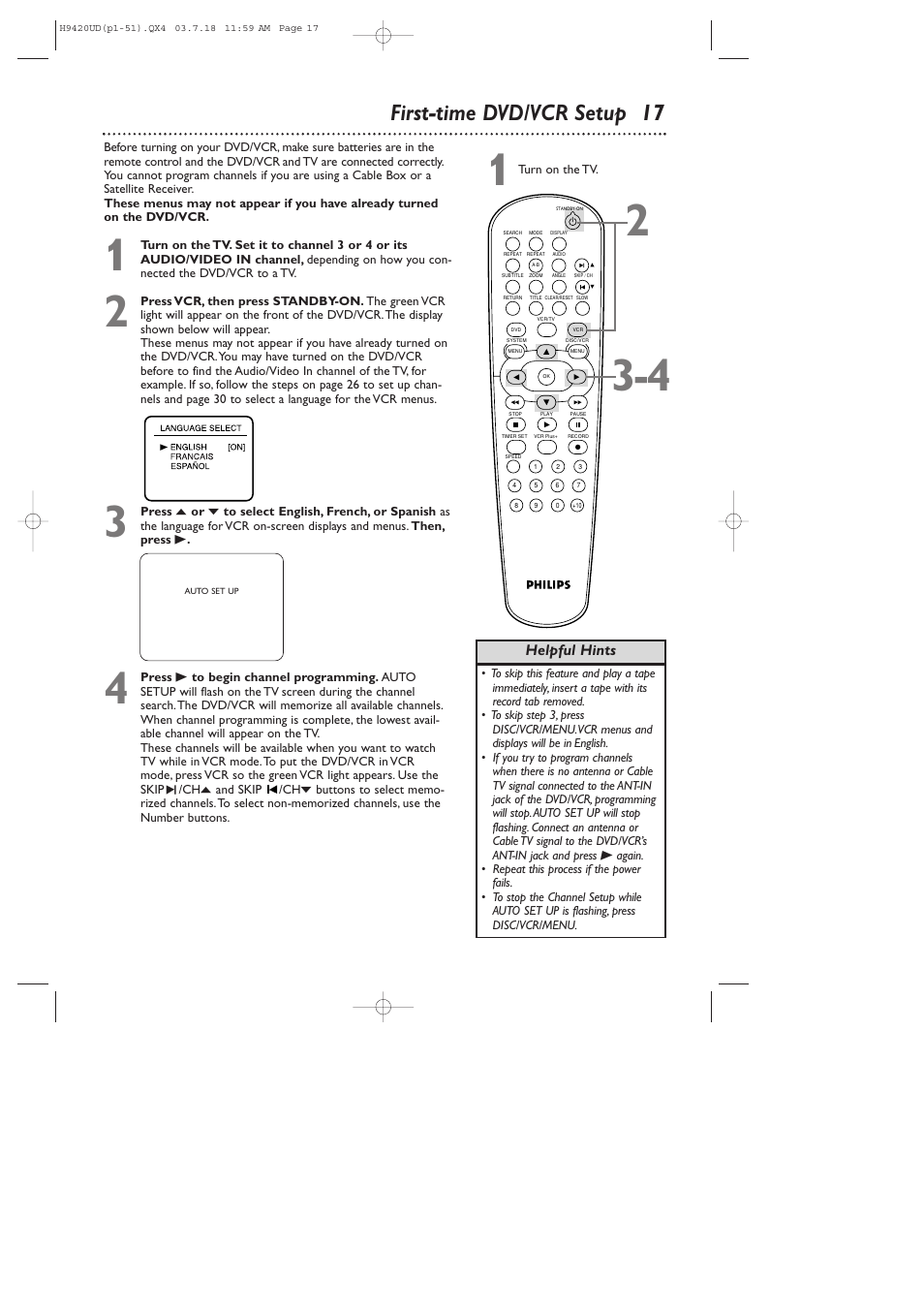 First-time dvd/vcr setup 17 | Philips DVD750VR/17 User Manual | Page 17 / 84