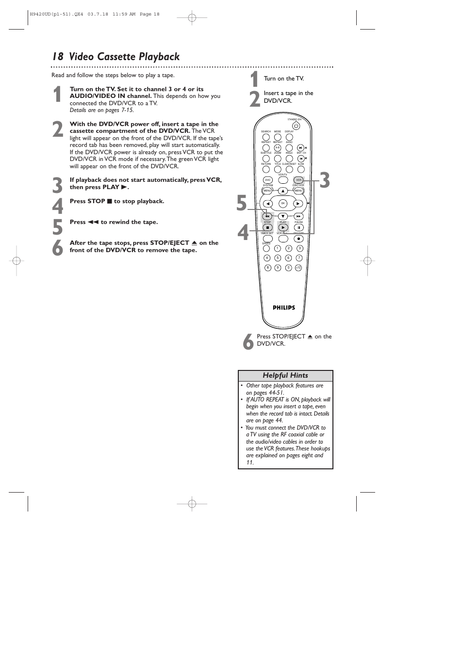 18 video cassette playback | Philips DVD750VR/17 User Manual | Page 18 / 84