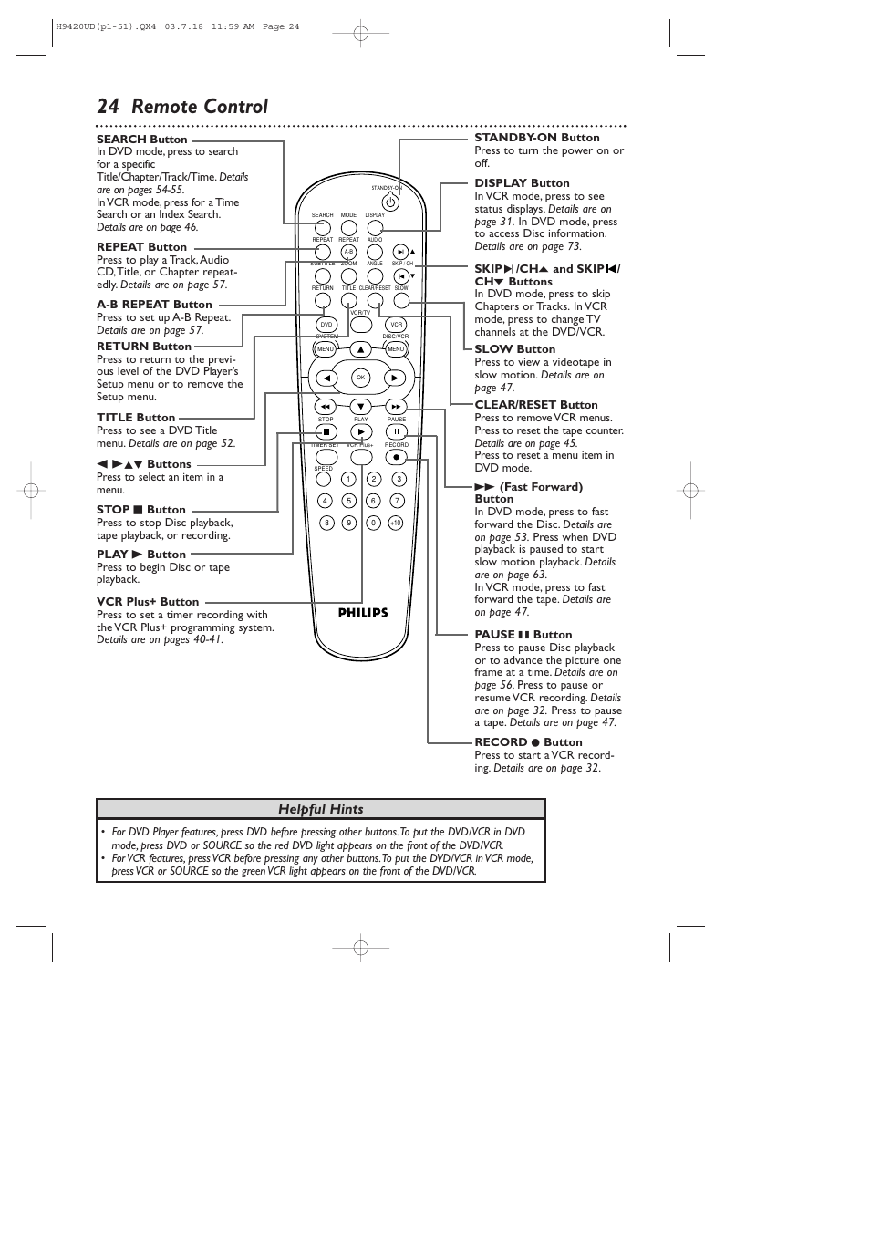 24 remote control, Helpful hints | Philips DVD750VR/17 User Manual | Page 24 / 84