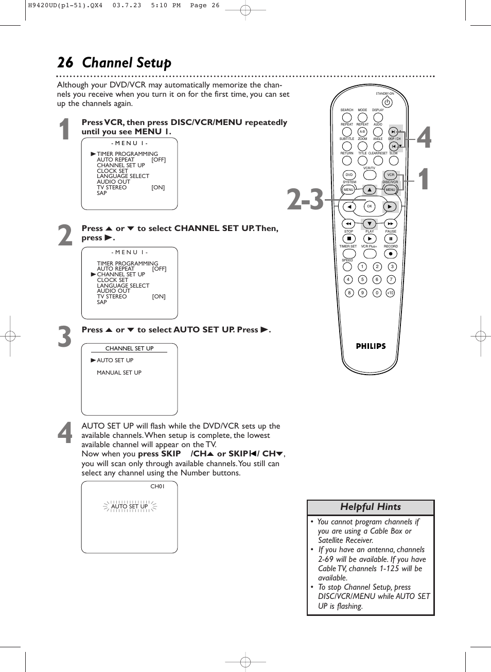 26 26 channel setup, Helpful hints | Philips DVD750VR/17 User Manual | Page 26 / 84