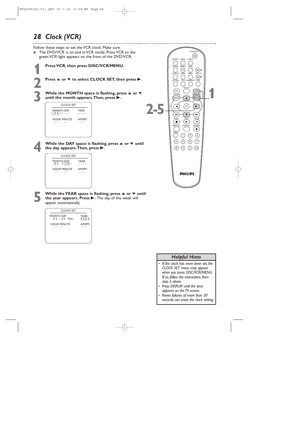 28 clock (vcr), Helpful hints | Philips DVD750VR/17 User Manual | Page 28 / 84