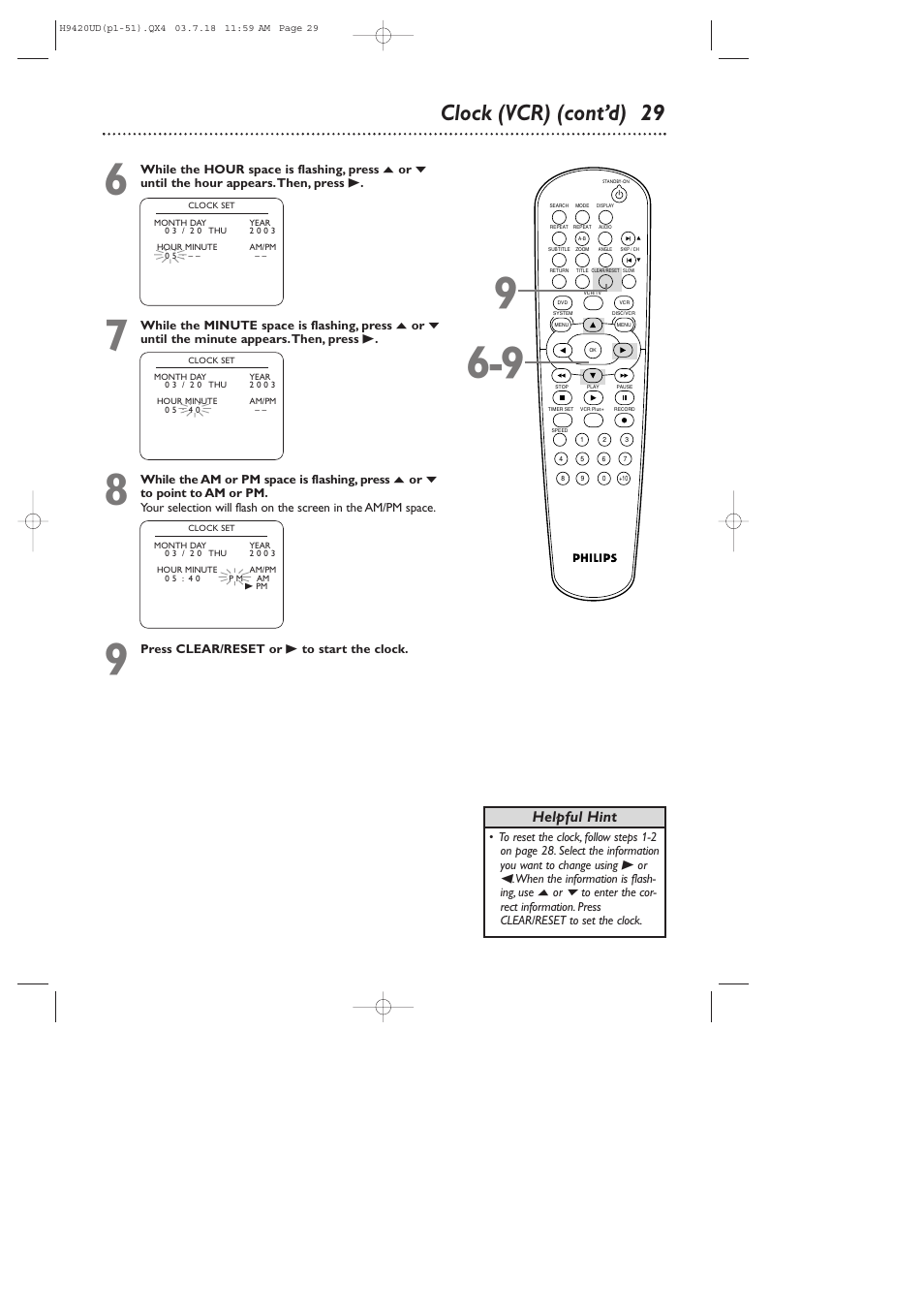 Clock (vcr) (cont’d) 29, Helpful hint | Philips DVD750VR/17 User Manual | Page 29 / 84